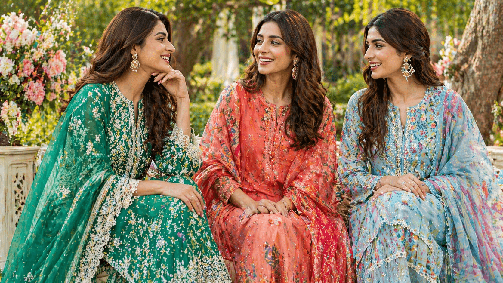 Pakistani women wearing vibrant embroidered lawn suits at a summer mehndi