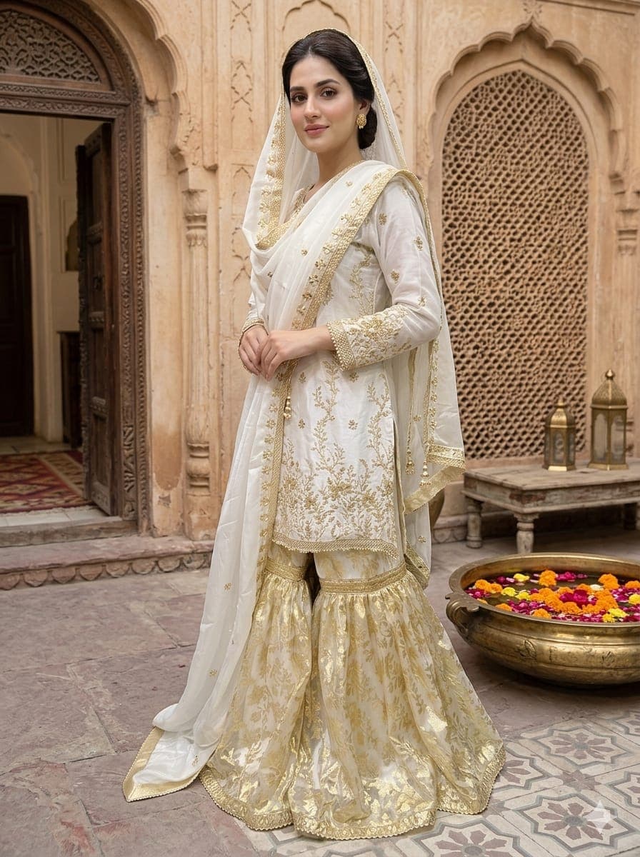 Banarasi Organza Garara Set with Mirror Silk Dupatta | Festive Pakistani Wedding Wear — view 1