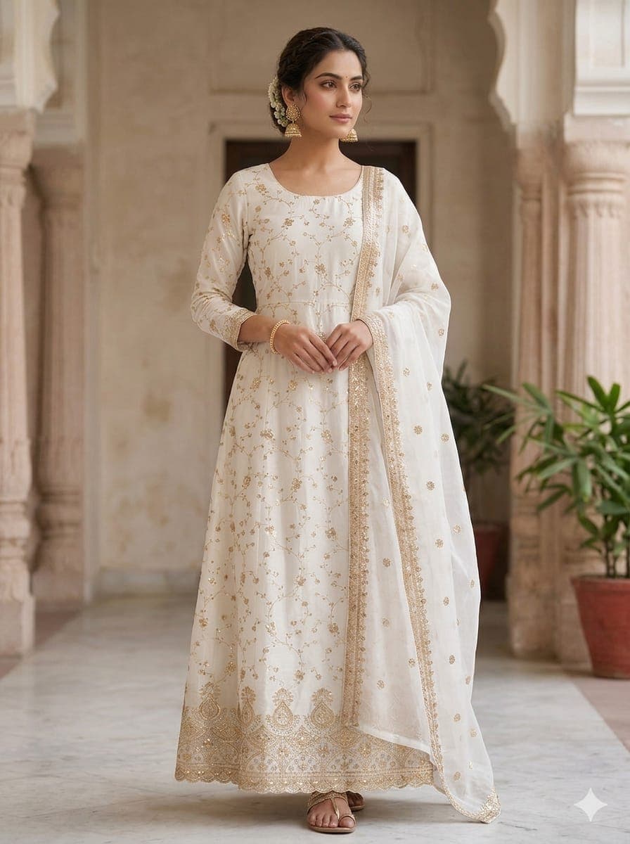 Maxi Raw Silk Sequin Work Dress with Chiffon Border Dupatta – Elegant Pakistani Party Wear — view 1