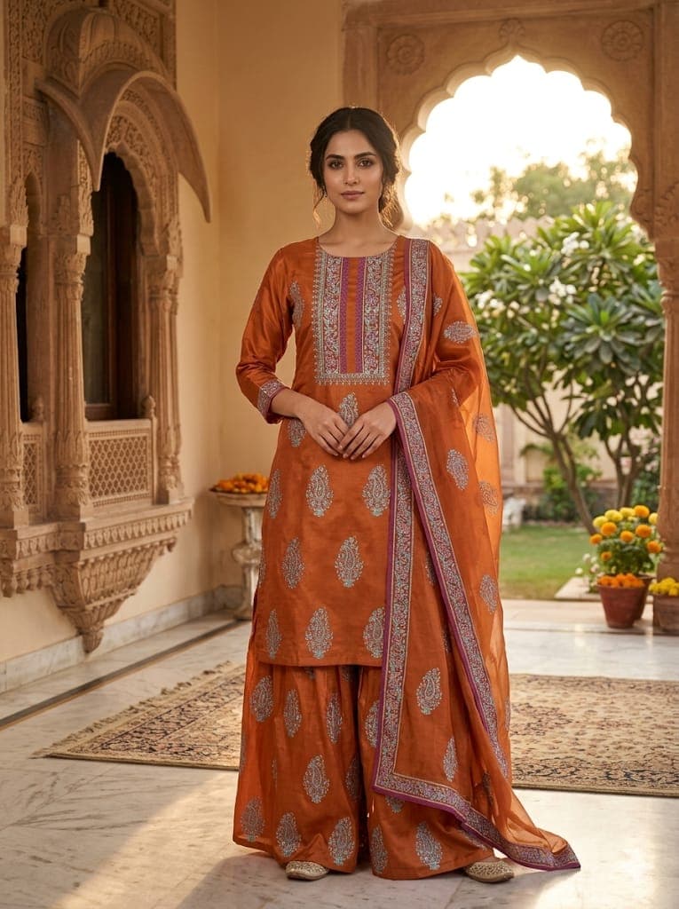 Rust Orange Cotton Silk Block Print Pakistani Suit with Dupatta | Festive & Party Wear — view 1