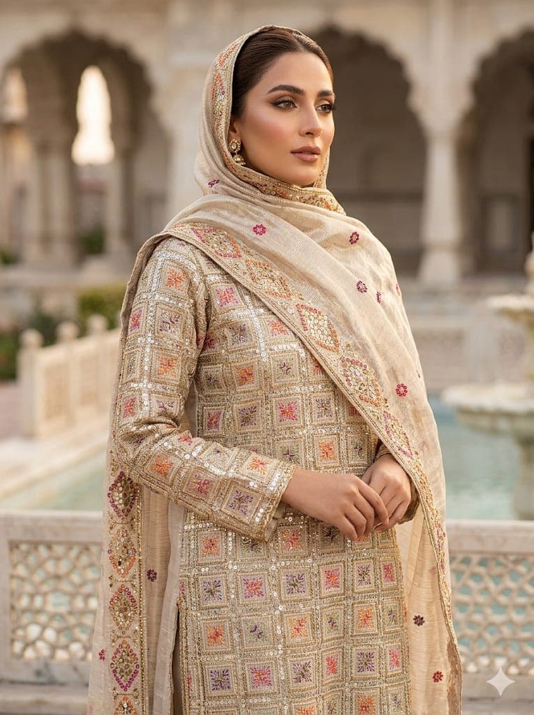 Beige Shimmer Chiffon Embroidered Pakistani Suit with Dupatta | Multi Thread & Sequin Work Party Wear