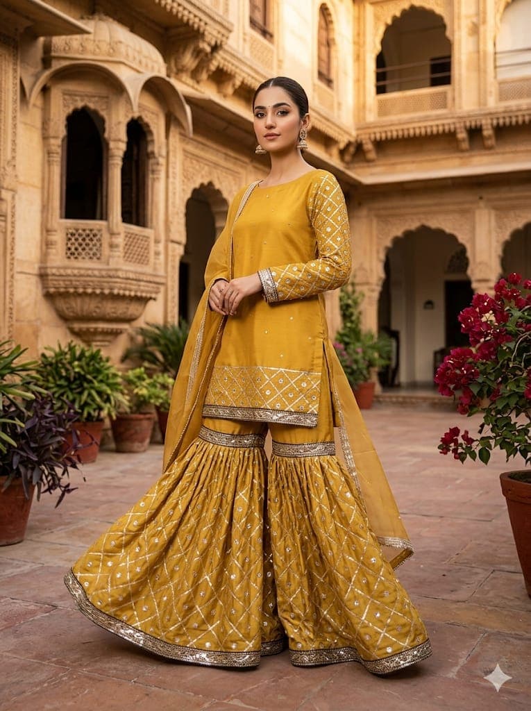 Silk Garara Suit with Gota Work & Contrast Lace | Pakistani Wedding & Festive Wear